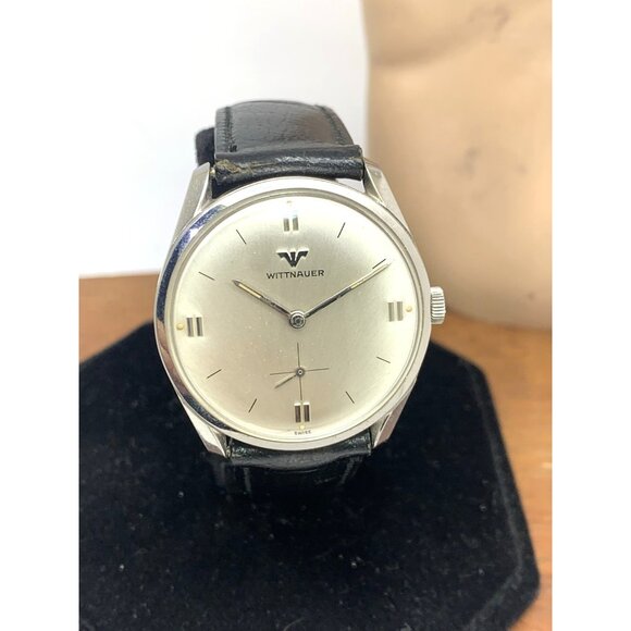 Wittnauer Mens Watch Vintage Swiss Hand Wind Silver Dial 33mm Black Leather Band - Picture 15 of 16